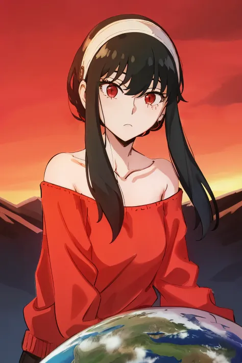 upper body, yor, 1girl, solo, off-shoulder sweater, red sweater, collarbone, black hair, red eyes, black hair, short hair, short hair with long locks, bangs, sidelocks, white hairband, looking at viewer, (((earth background)))