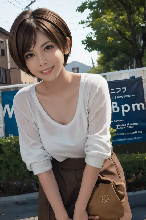 Pixie cut as short hair.brown hair and smile 