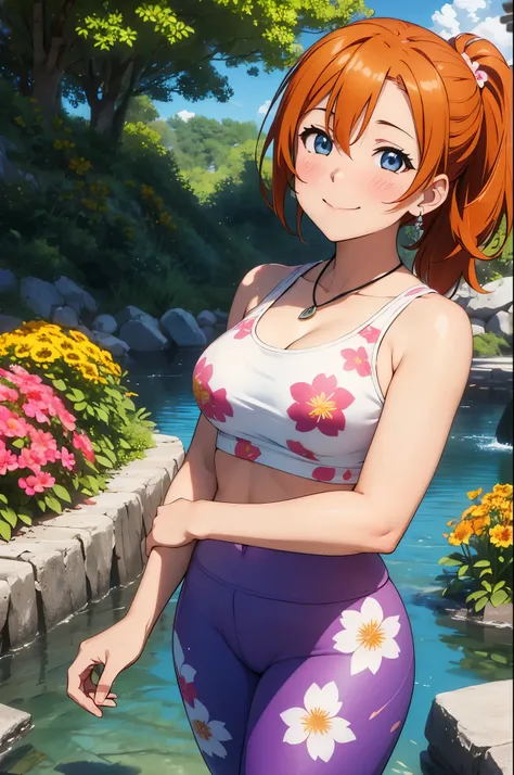 (Masterpiece, Best Quality, High Quality),(chibi), kousaka honoka, orange hair,low ponytail, blue eyes, volumetric lighting, illustration, beautiful, tight , Blushing, breasts, looking at viewer, flowers printed tank top, yoga pants,solo, curvy body,floral...