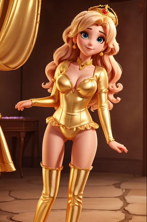 princess peach,gold lingerie,view crotch,in disco,realistic details in the gold lingerie, freckles on the face and skin,realistic details in the skin,thigh high boots,details of wear and dirt on skin and clothing, realistic particles,
