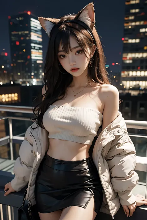 hair bang, cat ears headband, ideal tits, tube top, sweater as its outerwear, stomach, weiss, low skirt in balcony, skyscraper, night