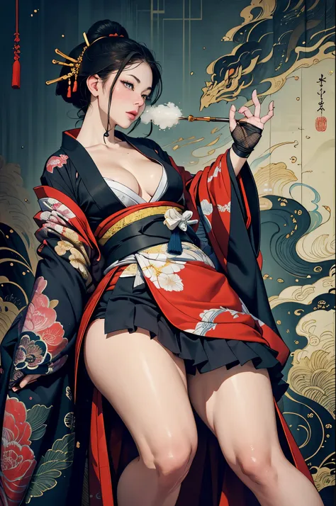 Umalinda warrior sexy, pretty face, Delicious Company, Alluring figure, Wearing a sexy open kimono. The artwork is created in a medium reminiscent of Japanese ink paintings....., 具有大胆的笔触和Monochromatic color palette. artist&#39;Masterful technique reveals t...