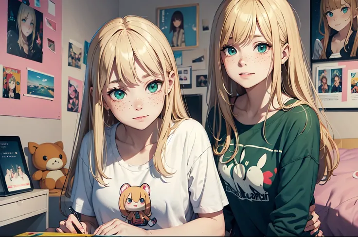 ((best quality)), ((masterpiece)), (detailed), evil smile, perfect face, blonde straight hair, bangs, green eyes, freckles, blush, cute casual clothing,

on a girls bedroom, plushies, colorful walls, pictures, lots of posters hanging on walls, on a bed, 