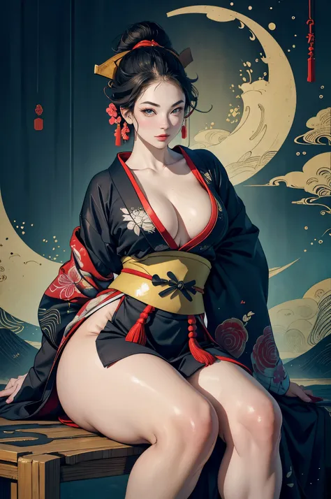 Umalinda warrior sexy, pretty face, Delicious Company, Alluring figure, Wearing a sexy open kimono. The artwork is created in a medium reminiscent of Japanese ink paintings....., 具有大胆的笔触和Monochromatic color palette. artist&#39;Masterful technique reveals t...