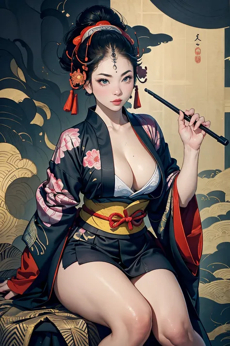 Umalinda warrior sexy, pretty face, Delicious Company, Alluring figure, Wearing a sexy open kimono. The artwork is created in a medium reminiscent of Japanese ink paintings....., 具有大胆的笔触和Monochromatic color palette. artist&#39;Masterful technique reveals t...