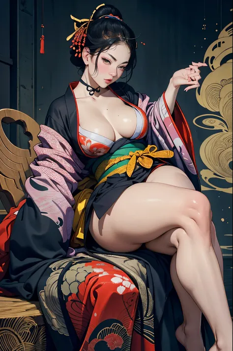 Umalinda warrior sexy, pretty face, Delicious Company, Alluring figure, Wearing a sexy open kimono. The artwork is created in a medium reminiscent of Japanese ink paintings....., 具有大胆的笔触和Monochromatic color palette. artist&#39;Masterful technique reveals t...