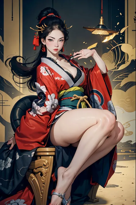 Umalinda warrior sexy, pretty face, Delicious Company, Alluring figure, Wearing a sexy open kimono. The artwork is created in a medium reminiscent of Japanese ink paintings....., 具有大胆的笔触和Monochromatic color palette. artist&#39;Masterful technique reveals t...