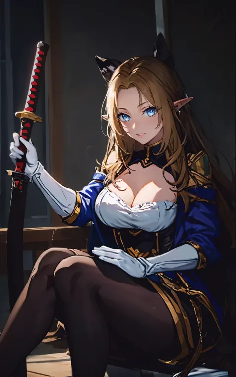 AlphaNDV, 1girl, blonde hair, blue eyes, large breasts, very long hair, elf, pointy ears, anatomically correct, sword, breasts, katana, 1girl, gloves, katana, animal_ears, pantyhose, cleavage, elbow_gloves, sheath, sitting, large_breasts, sheathed, bare_sh...