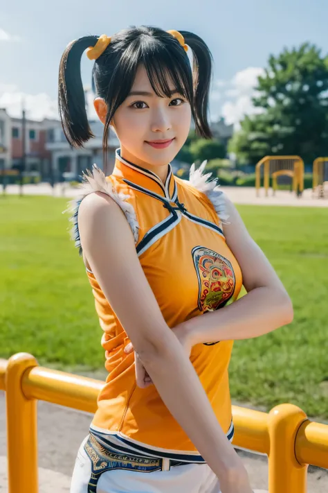 (masterpiece, highest quality:1.2), alone, 1 girl, Upper body,Lin Xiaoyu, slight smile, combat readiness, twin tails, Chinese service, Orange Cheongsam, white shorts, No sleeve, jewelry, bracelet,schoolyard,playground,courtyard