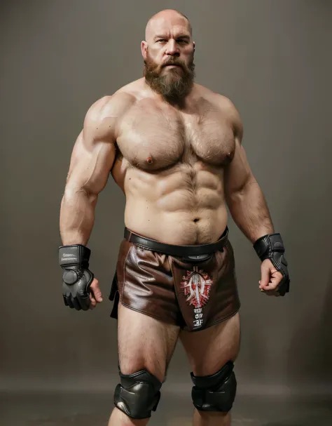 ((masterpiece, best quality)),bald headed caucasian man with a grey beard and a leather wrestling outfit with mma gloves and kneepads , mma southpaw stance, realistic face hairy chest thick beard highly detailed, older man, robust stocky body, big beard, s...