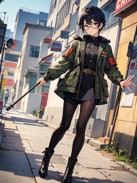 ((a boy)), colored hair, Color eyes, ((idol costume)), long boots, ((individual)), ((military jacket)), ((high quality)), Glasses