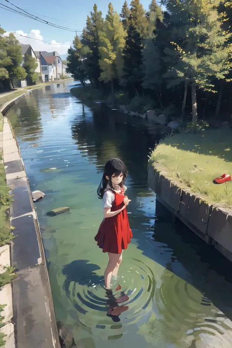 There is a red shoe in the river. The young woman went to pick it up and drowned in the river