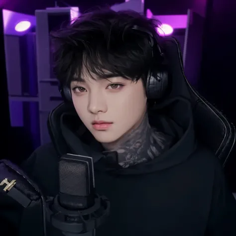 a close-up of a person with headphones wearing headphones in front of a microphone, jungkook, Jimin, foto de perfil en la cabeza, Inspirado por Bian Shoumin, kim doyoung, cuchilla del grupo de drenaje, contraction transmitter / jugador ludwig, kanliu666, p...