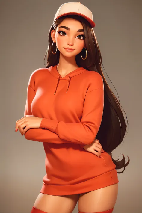 1girl, beautiful, smirk, wearing a hat, earrings, red sweatshirt, red_legwear, long hair, brown hair, mascara, earrings, (realistic:1.5), beach, brown eyes, slim body, perfect body, professional lighting, vibrant