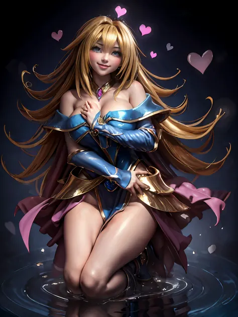 Dark magician gils en el aire, ella esta parada saltando, Magic hearts background. Sonrisa en sus labios. Ojos celestes. Cabello dorado. Pose sensual. Levitando en una pie. Tiene tacones. 1.1 Usa tacones azules y dorados . Usa tacones 