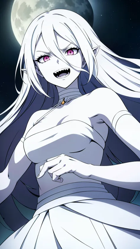 1 girl,20s,long hair,solo,white hair,long hair,((hair over one eye)),(((white skin,pale skin,colored skin,))),((naked bandage,white skirt)),elf ear,,sharp teeth,((evil smile,yandere,angry)),open mouth,pink eyes,grin,(floating in a night skyn,stars,full moo...