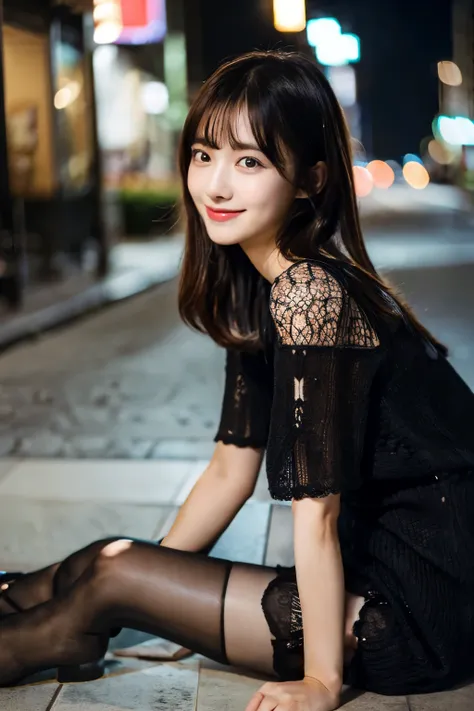 ulzzang -6500-v1.1, (Raw photo:1.2), (Photorealsitic), a beautiful detailed girl, (Real: 1.4), extremely detailed eye and face, ((PastelColors、Knitted dresses、Super realistic black tights))、((Night city:1.4)), selfee, Instagram、game_nffsw, huge filesize, h...