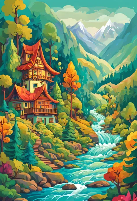 Abstract style forest, mountain, river, house  . Non-representational, colors and shapes, expression of feelings, imaginative, highly detailed