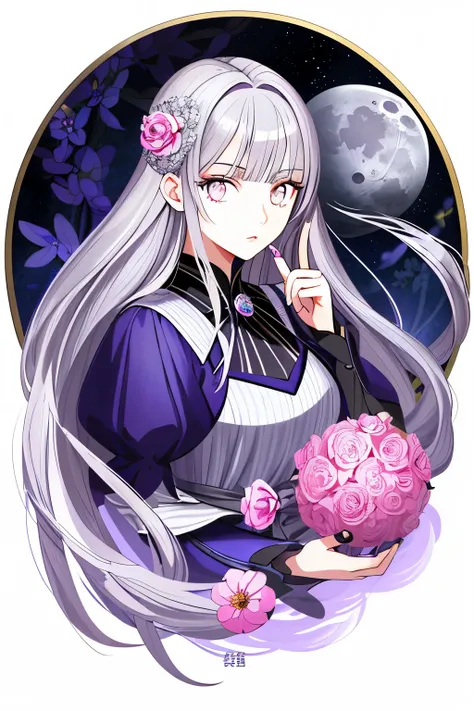 masterpiece, amazing girl, night moon full moon, 1 female, mature woman, younger sister, Royal younger sister, cold face, No expression, silvery long hair woman, Light pink lip, Calm, intellectual, three striped gray eyes, assassin short knife, flower ball...