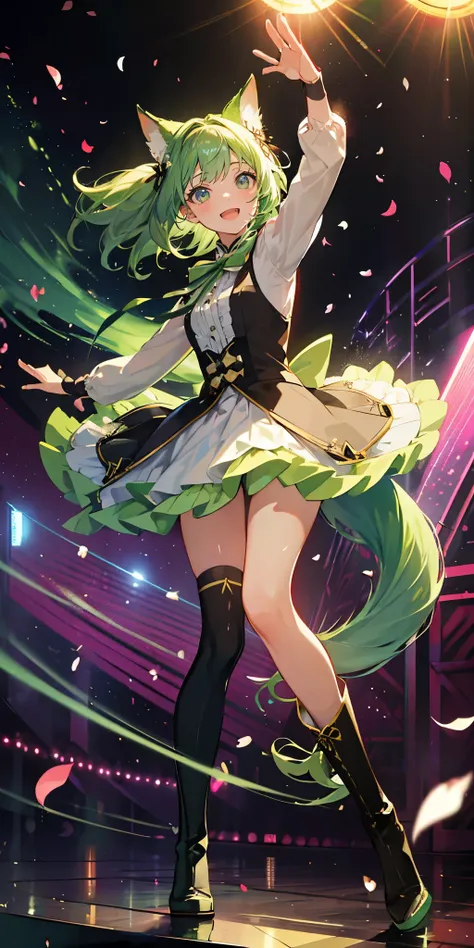 (muste piece), (best quality), very detailed, ((1 girl)), solo full body shot，Viewer&#39;s perspective，dancing，(smile)，wink，perfect face, beautiful face, very detailedな顔，((light green hair_wave long side tail_light green eyes:1.3))，Gorgeous idol costumes，S...