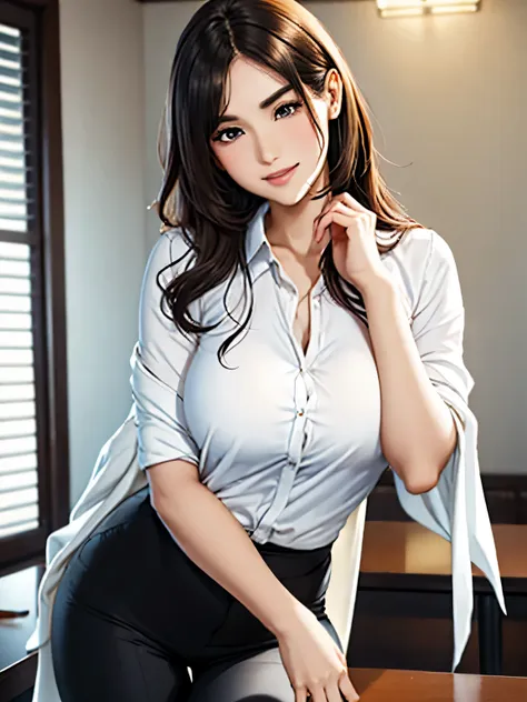 this beautiful teacher、he wore a simple and elegant white shirt and black slim pants。, showing off her tall figure and graceful ...