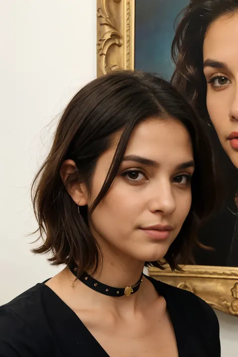 Una mujer con una camisa negra y un collar en el cuello, cabello negoro hasta los hombros, looking at the viewer with an introspective expression, piel suave, ojos oscuros, cabello suelto y ondulado, peinado liso y despeinado en algunos lugares, pelo corto...