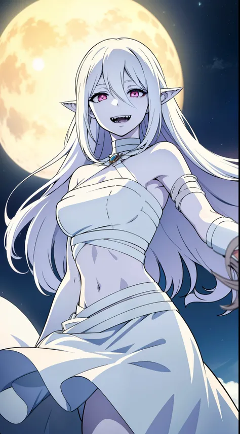 1 girl,20s,long hair,solo,white hair,long hair,((hair over one eye)),(((white skin,pale skin,colored skin,))),((naked bandage,white skirt)),elf ear,,sharp teeth,((smile,yandere,grin,crazy)),open mouth,pink eyes,grin,(floating in a night skyn,stars,full moo...