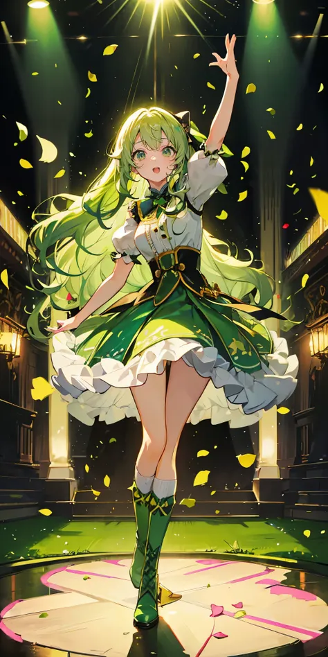 (muste piece), (best quality), very detailed, ((1 girl)), solo full body shot，Viewer&#39;s perspective，dancing，(smile)，wink，perfect face, beautiful face, very detailedな顔，((light green hair_wavy long hair_light green eyes:1.3))，Gorgeous idol costumes，Skirt ...