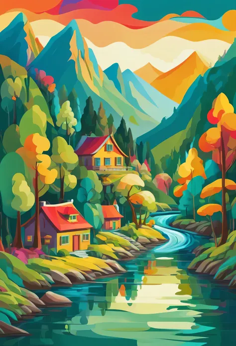 Abstract style forest, mountain, river, house . Non-representational, colors and shapes, expression of feelings, imaginative, highly detailed