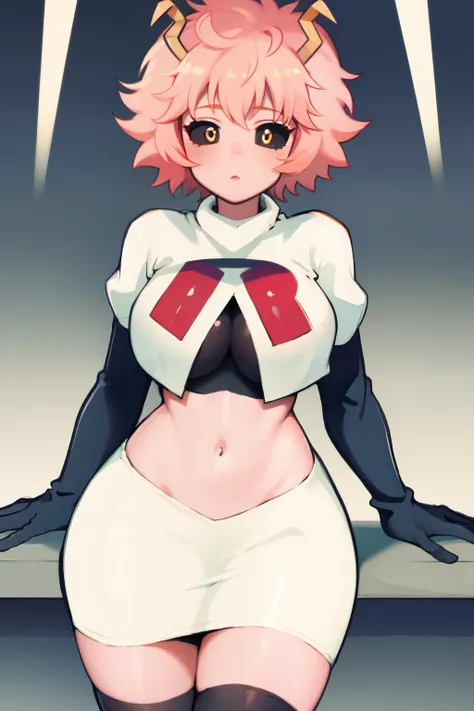 lumen reflections, natural lighting, evocative, triadic color scheme, cowboy shot, elegant, voluptuous:0.6, looking at viewer, 1girl, female, solo, blush, sfw, mina ashido, team rocket uniform, red letter R, white skirt,white crop top,black thigh-highs, bl...