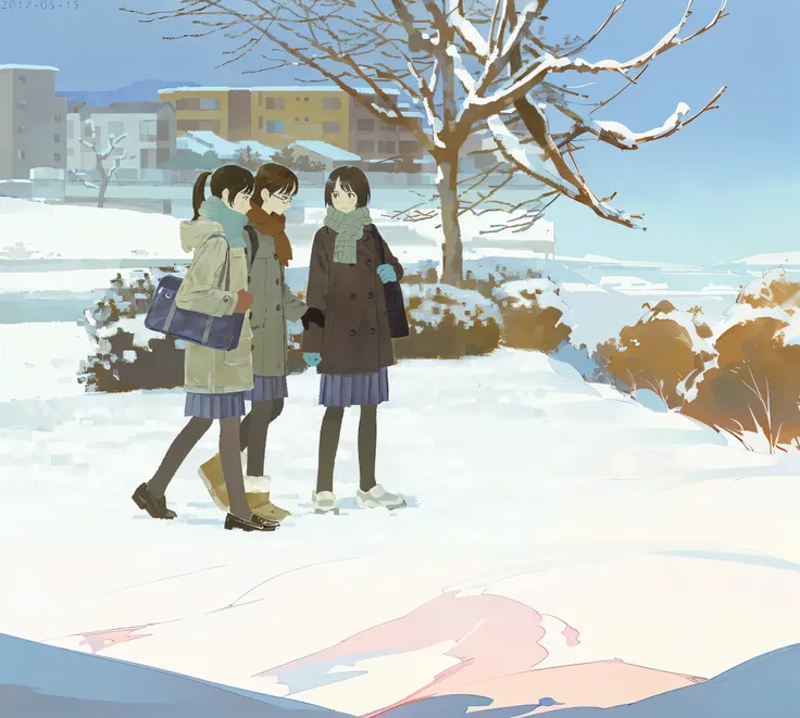 Animated scene of three people walking on snow with trees in the background, style of Makoto Shinkai, in style of Makoto Shinkai, snowy. by Makoto Shinkai, ( ( Makoto Shinkai ) ), (3 are winter, Makoto Shinkai art style, conrad roset and Makoto Shinkai, Ma...