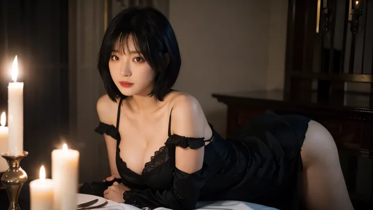 Milf, Black Hair, Short Hair, Sexy, Submission, Dress, Dark Romantic, Night, Dinner, Candles, High Details, Ultra HD, 4K