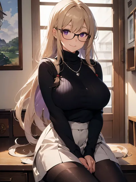 8k, super detail,
1mom  woman,pearl necklace、black turtleneck sweater、glasses、Elegant、huge breasts.long hair,((milfication:1.3)), A smile full of compassion、 in room,solo,,watercolor painting,Violet Evergarden,blonde hair,beautiful face and eye,skirt,panty...