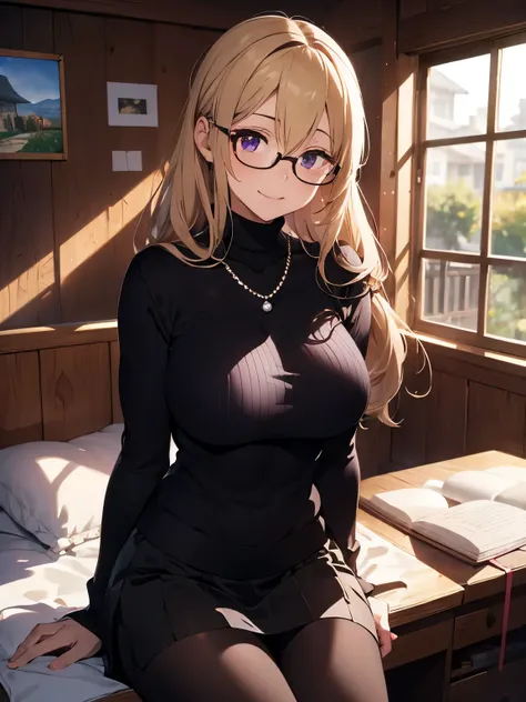 8k, super detail,
1mom  woman,pearl necklace、black turtleneck sweater、glasses、Elegant、huge breasts.long hair,((milfication:1.3)), A smile full of compassion、 in room,solo,,watercolor painting,Violet Evergarden,blonde hair,beautiful face and eye,skirt,panty...