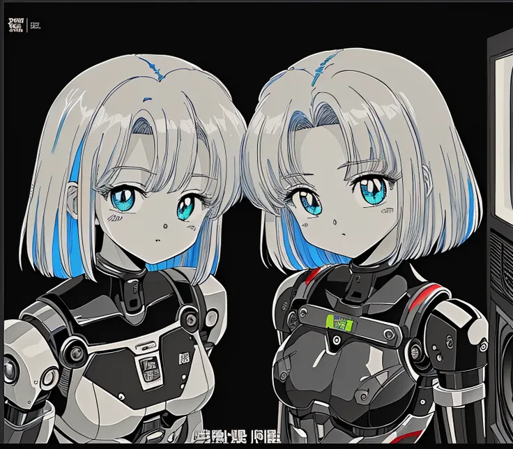 identical eyes, identiprecision craftmanship, skilled incorporation of anime elements in the composition, (human female head:1.5) (female robot torso composed of advanced cybernetics:1.31) cute face, (dim lighting, desaturated colors, old tv effect, 80s an...