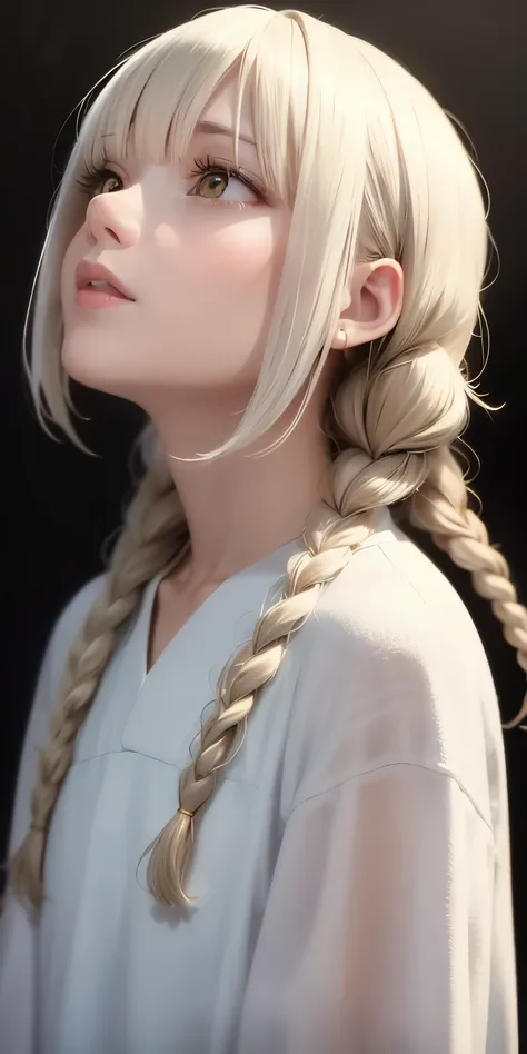 best quality, masterpiece,white hair, gold eyes,white clothes, looking up, upper body,hair strand,Fair skin,side braids