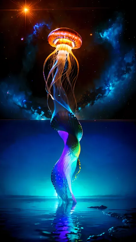 (8k, RAW photo, 最high quality, masterpiece:1.2), High-definition RAW color photo, Professional photo shoot, cinematic light, ((Shining colorfully, jellyfish like a long dress)), Drifting in space, space jellyfish, Amazing grace, astral life form, A jellyfi...