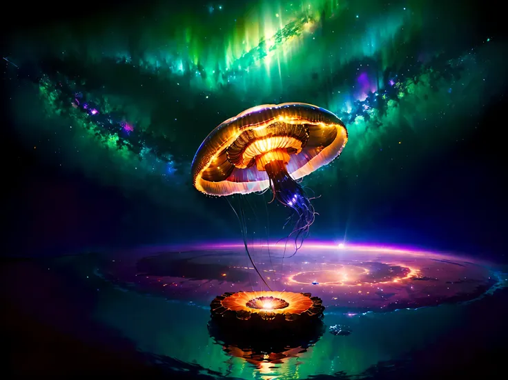 (8k, RAW photo, 最high quality, masterpiece:1.2), High-definition RAW color photo, Professional photo shoot, cinematic light, Beautiful jellyfish, floating in the darkness, space jellyfish, Amazing grace, astral life form, 銀河をまとったspace jellyfish, mysterious...