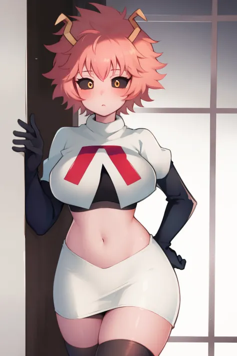 lumen reflections, natural lighting, evocative, triadic color scheme, cowboy shot, elegant, voluptuous:0.6, looking at viewer, 1girl, female, solo, blush, sfw, mina ashido, team rocket uniform, red letter R, white skirt,white crop top,black thigh-highs, bl...