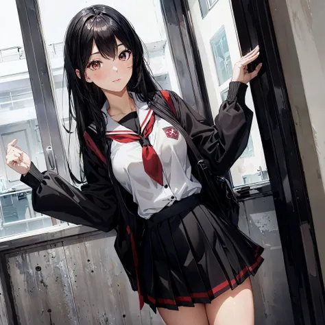 (ultra-detailed, highres, realistic:1.2), cute 16-year-old girl, 1.60m tall, long black hair, red eyes, school uniform, perfect figure, [(full body)], anime style, facing the viewer, vivid colors, soft lighting