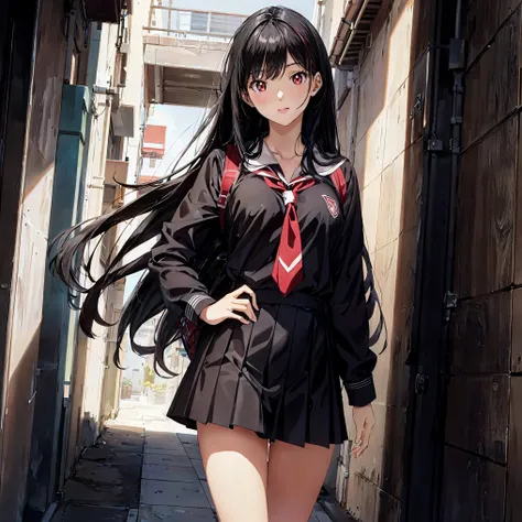 (ultra-detailed, highres, realistic:1.2), cute 16-year-old girl, 1.60m tall, long black hair, red eyes, school uniform, perfect figure, [(full body)], anime style, facing the viewer, vivid colors, soft lighting