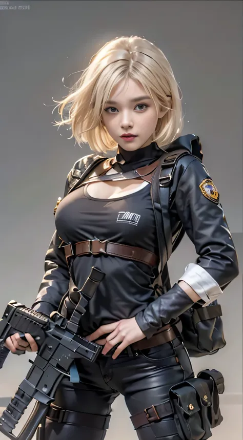 RAW image quality, realistic, High resolution, 1 female, 17 years old, blonde, straight short bob hair, ribbon, alone, sexy, hip up, show viewer, (detailed face), swat vest, gun, jewelry, Licorice,