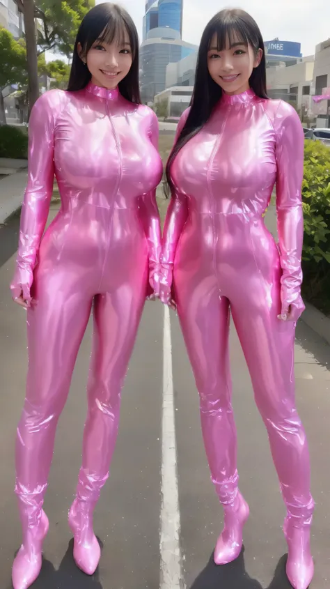 (8K、ultra high resolution、highest quality、masterpiece、realistic、ultra high resolution)、(((Must be female、Always shiny neon pink Power Rangerust have big breasts、Definitely quite big breasts、feminine body、tight buttocks)、Definitely a shiny neon pink patent ...