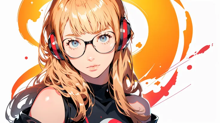 masutepiece, best quality, hight resolution, 1girl in, futaba sakura, blunt bangs, eye glassesの,purple eyes , ahoge,orange color...