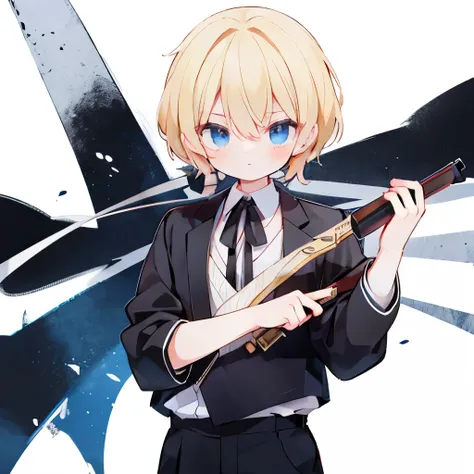 
anime style、

[Elid]:he has blond hair and blue eyes, has birthmarks all over him body, and wears a black ribbon around him neck.、An innocent male assassin holding a gun

