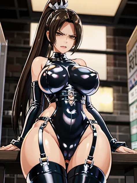 女性1 person、(((black shiny latex bondage suit)))、(from below:1.3)、 brown hair, brown eyes, long and high ponytail, hair band,  1 person、25 years old, japanese mature, beautiful fingers, beautiful long legs, beautiful body, beautiful nose, beautiful characte...