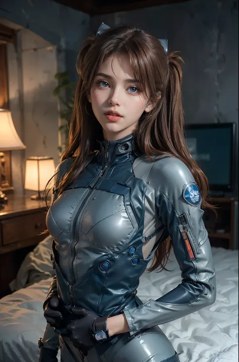 (Photoreal:1.4)、woman、26 years old、Soryu Asuka Langley、Eva Unit 2 pilot、big breasts、Slender、((((Wearing a blue-gray pilot suit、There are slits around the waist and chest、Wear a pilot suit with a small area of fabric。.))、highest quality、very delicate and be...