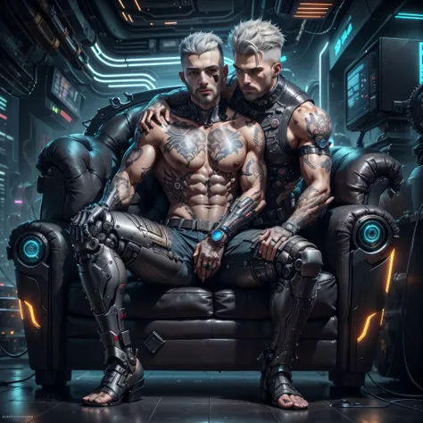 thin man, serious face, male,gray hair, barba curta, with cybernetic arm, robotic arm, with robotic prosthesis,implants on face,wearing comfortable clothes, jeans cinza, camisa regata cinza, t-shirt, shirt, tattoo on upper arm,with all hair shaved, very sh...