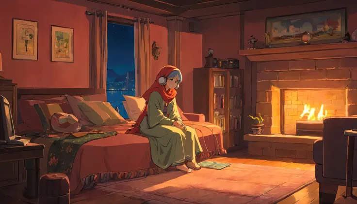 Girl listening to music in a cozy room at night, wearing hijab and long dress, Usando fones de ouvido, Anime estilo 2D, Lo-fi, disco Rigido, Ambiente escuro