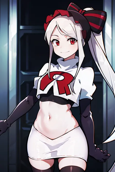 absurdres, highres, ultra detailed, shalltear, gray hair, red eyes, bonnet, hair bow, ponytail, smile, (looking at viewer:1.2), ...